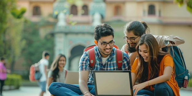 un grupo de estudiantes con una computadora portátil y una ciudad en el fondo