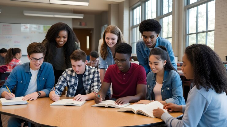Grupo de estudiantes diversos estudiando mientras están sentados en sus escritorios en la clase en la escuela