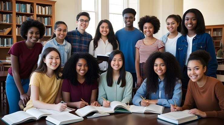 Grupo de estudiantes diversos estudiando mientras están sentados en sus escritorios en la clase en la escuela