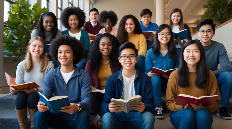 Grupo de estudiantes diversos estudiando mientras están sentados en sus escritorios en la clase en la escuela