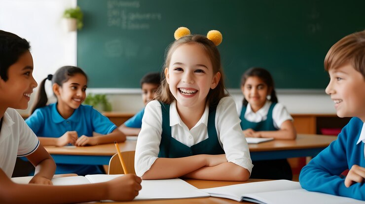 Grupo de estudiantes diversos estudiando mientras están sentados en sus escritorios en la clase en la escuela