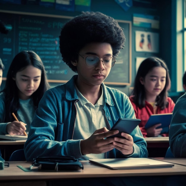 Foto un grupo de estudiantes están sentados en un escritorio y uno de ellos tiene un teléfono