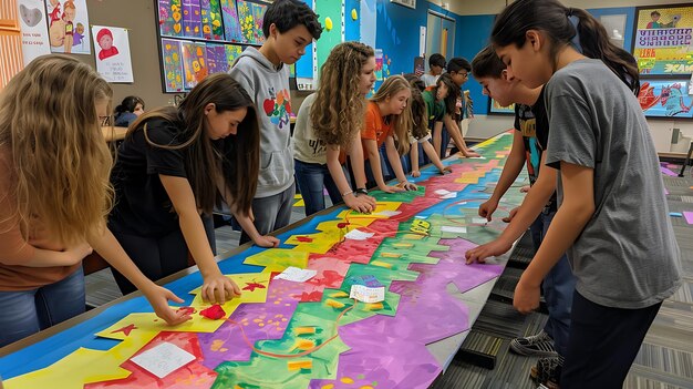 Un grupo de estudiantes están trabajando juntos en un mural.