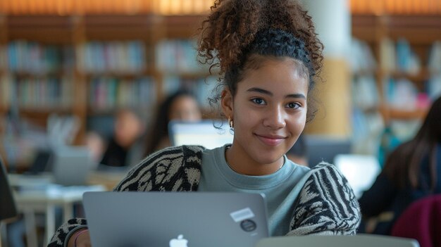 Grupo de estudiantes estudian juntos en la biblioteca Concepto de educación y tecnología