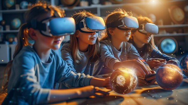 Grupo de estudiantes estudiando el planeta con gafas de realidad virtual El futuro auricular de realidad virtual para el aprendizaje