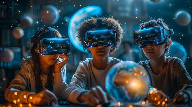 Grupo de estudiantes estudiando el planeta con gafas de realidad virtual El futuro auricular de realidad virtual para el aprendizaje