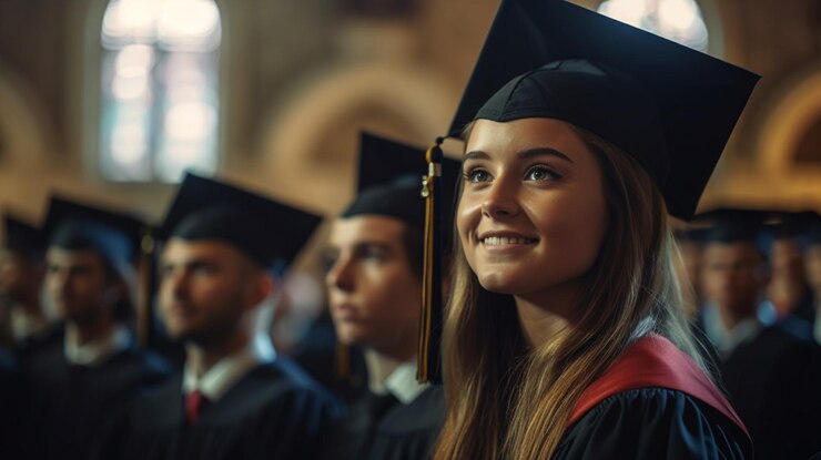 Grupo de estudiantes felices con cartón de mortero y vestidos en la ceremonia de graduación
