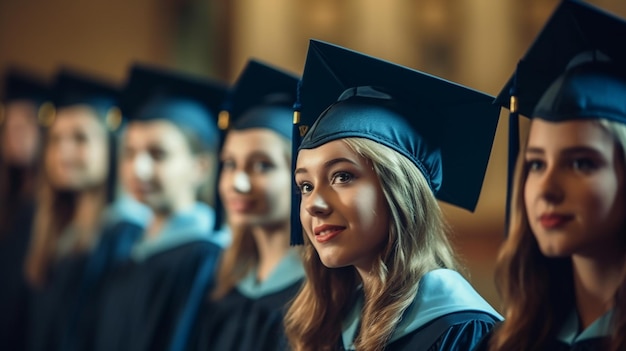 Un grupo de estudiantes con gorras de graduación hacen cola en una ceremonia de graduación.