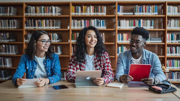 Grupo de estudiantes multiculturales étnicos sentados en la biblioteca