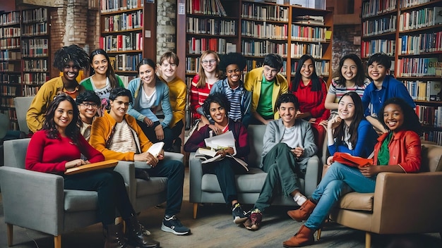 Grupo de estudiantes multiculturales étnicos sentados en la biblioteca