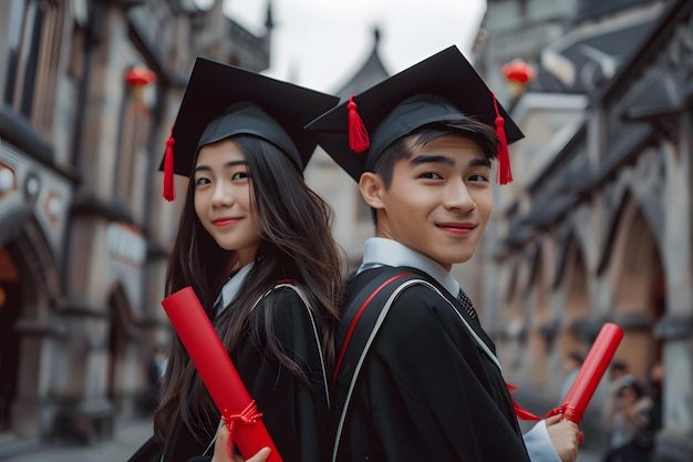 Grupo de estudiantes multiétnicos felices celebrando la graduación con diplomas y gorras