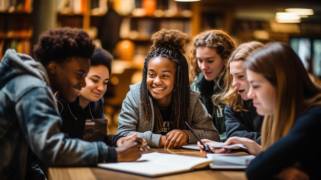 Grupo de estudiantes multirraciales que estudian para exámenes escolares tipo emocional con gran idea stu amarillo