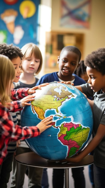 Foto un grupo de estudiantes de pie alrededor de un globo participando en una lección de geografía