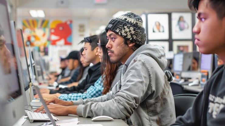Foto grupo de estudiantes que trabajan con computadoras en la escuela concepto de educación y tecnología