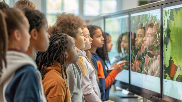 Un grupo de estudiantes reunidos alrededor de una pantalla de presentación en un aula aprendiendo sobre el biocombustible