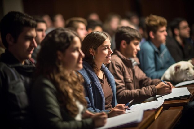 Un grupo de estudiantes en una sala de conferencias con una sala de conferencias al fondo.