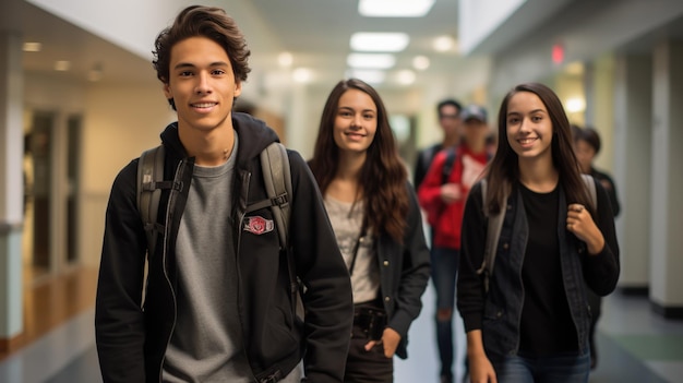 Un grupo de estudiantes de secundaria conversando en el pasillo de la escuela Creado con tecnología de IA generativa