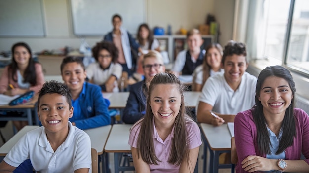 un grupo de estudiantes sentados en un aula con uno de ellos usando una camisa púrpura