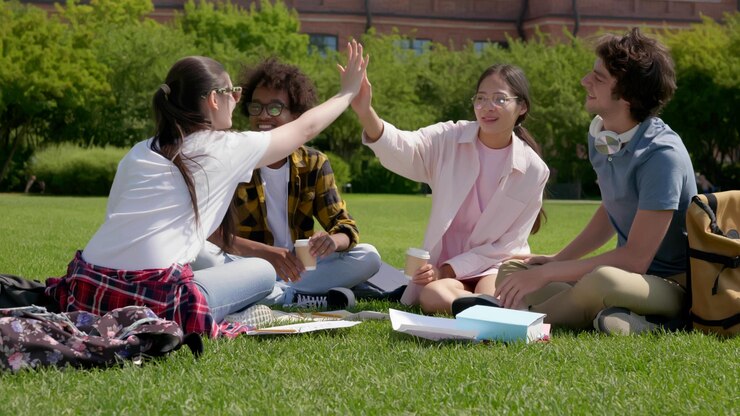 Grupo de estudiantes universitarios internacionales sentados en el césped en el parque dando cinco