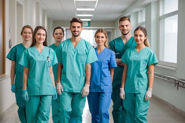 Un grupo de estudiantes en el vestíbulo de la universidad de medicina un equipo de internos quirúrgicos en el pasillo del hospital de entrenamiento