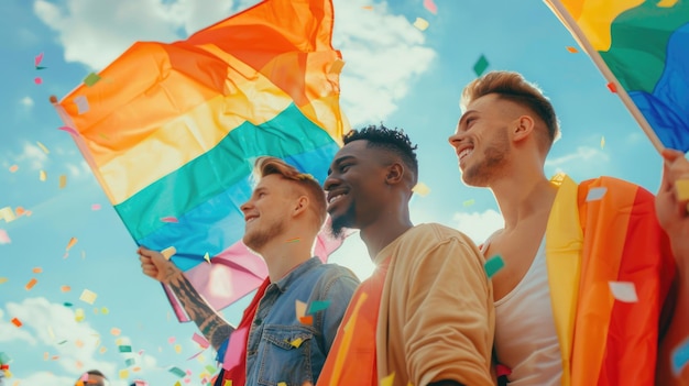 Grupo étnico diversificado de homens LGBTQI com bandeira arco-íris Movimento LGBTQI