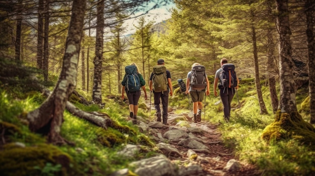 Un grupo de excursionistas camina por un bosque.