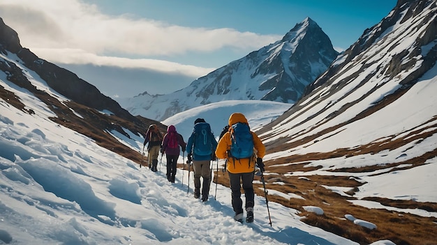 Grupo de excursionistas caminando por las montañas nevadas en invierno