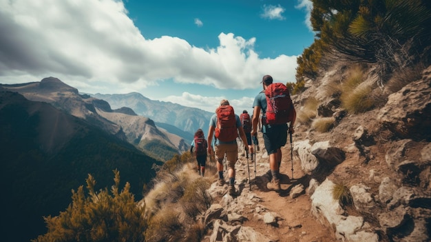 un grupo de excursionistas caminando por un sendero de montaña.