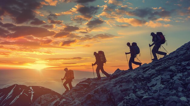 Grupo de excursionistas en una cresta de la montaña al atardecer El cielo es naranja y las nubes son rosadas