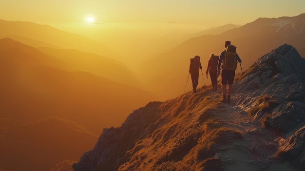 Grupo de excursionistas en la cresta de la montaña al atardecer con vistas a un valle pintoresco