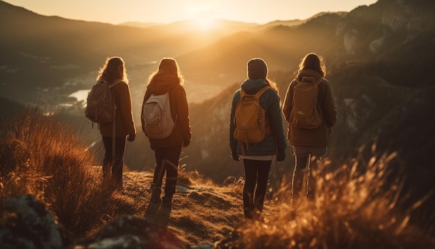 Un grupo de excursionistas disfruta de la puesta de sol en una montaña generada por IA