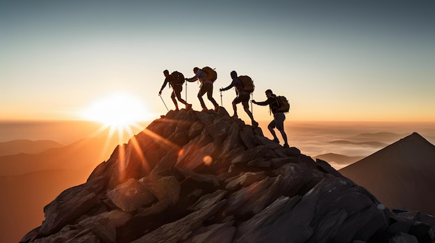 Un grupo de excursionistas llegando a la cima de una montaña al amanecer