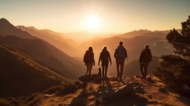 Grupo de excursionistas con mochilas caminan en el fondo del paisaje montañoso