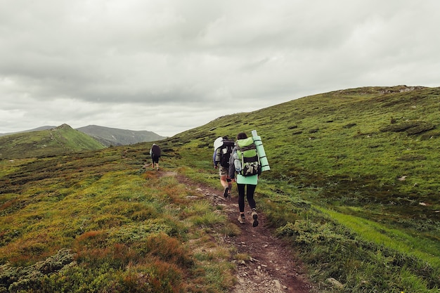 grupo de excursionistas con mochilas caminan por un sendero hacia una cordillera.