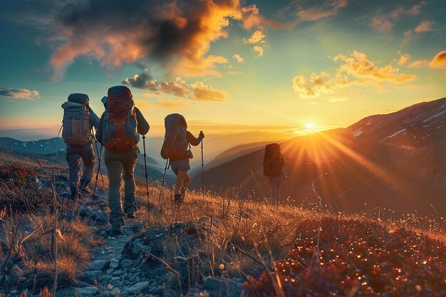 Grupo de excursionistas con mochilas en la cima de una montaña al amanecer