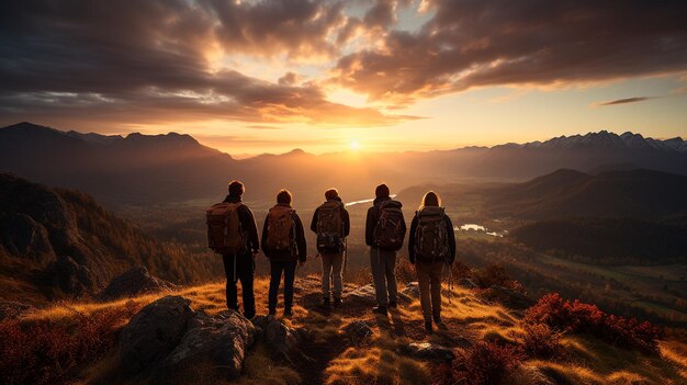 Foto grupo de excursionistas en las montañas