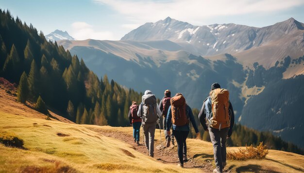 Grupo de excursionistas que caminan en las montañas concepto de primavera