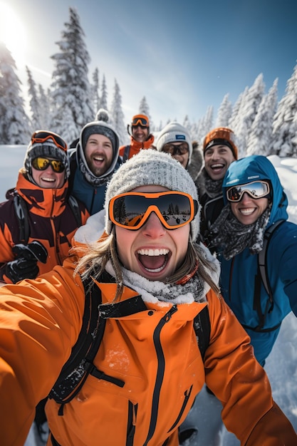 Grupo de excursionistas tomándose un selfie en la montaña en invierno IA generativa