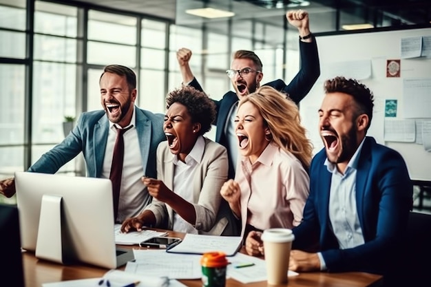 Grupo de exitosos empresarios felices en el cargo celebrando la IA generativa