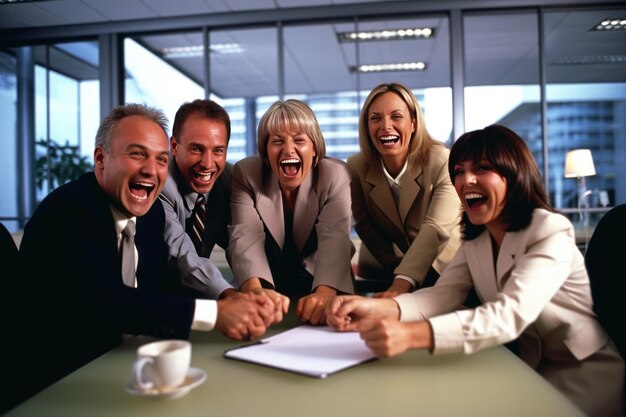 Grupo de exitosos empresarios felices en el cargo celebrando la IA generativa