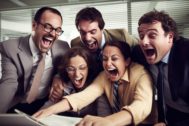 Foto grupo de exitosos empresarios felices en el cargo celebrando la ia generativa