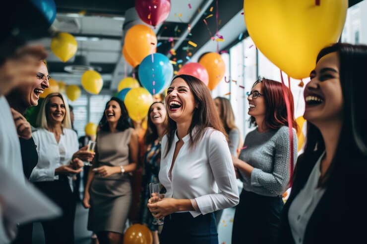 Grupo de exitosos empresarios felices en el cargo celebrando la IA generativa