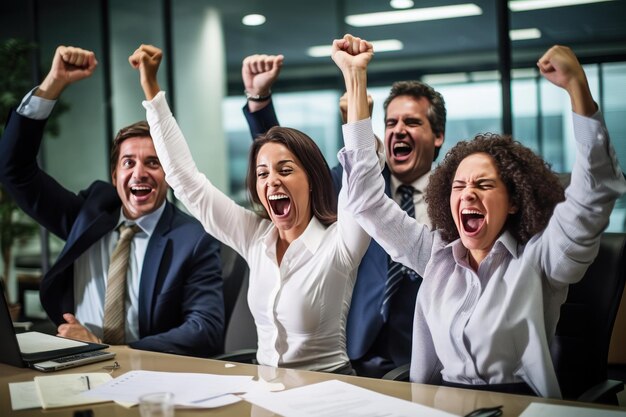 Grupo de exitosos empresarios felices en el cargo celebrando la IA generativa