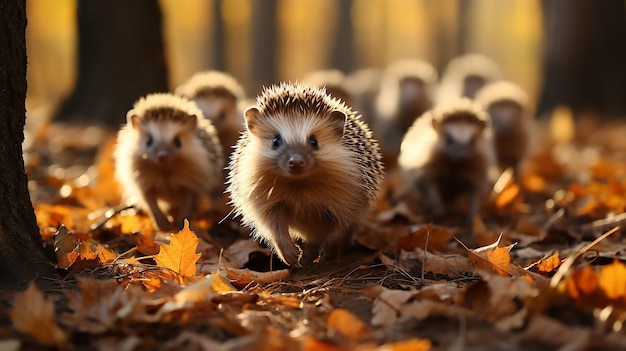 grupo de familia de erizos posando en el otoño comunidad forestal colectiva vida silvestre caída de hojas en octubre