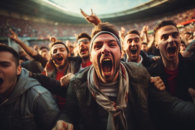 Foto grupo de fanáticos emocionados animando a la ia generativa