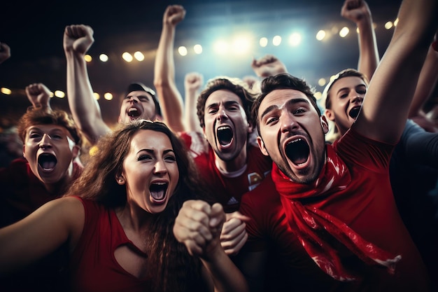 Foto un grupo de fanáticos del fútbol anima la camiseta de colores combinados con la victoria de su equipo generative ai