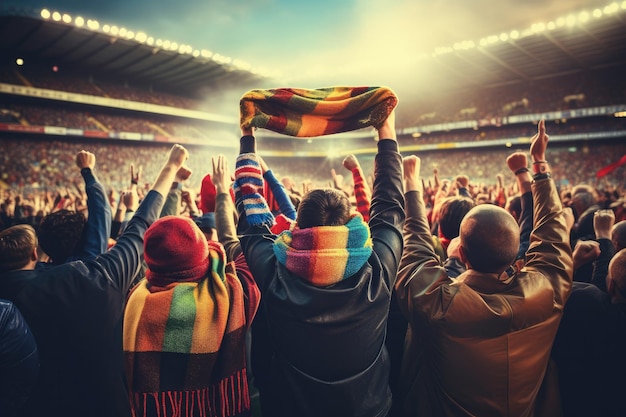 Foto un grupo de fanáticos del fútbol anima la camiseta de colores combinados con la victoria de su equipo generative ai