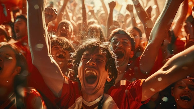 Grupo de felices aficionados al fútbol celebrando un gol con emoción desenfrenada Emociones humanas en el deporte