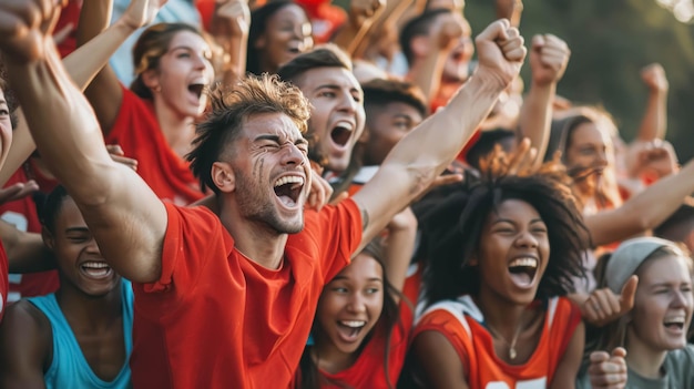 Grupo de felices aficionados al fútbol celebrando un gol con emoción desenfrenada Emociones humanas en el deporte