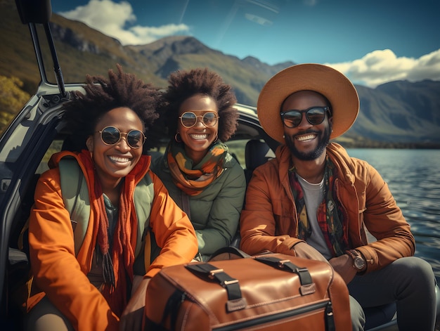 Un grupo de felices amigos africanos viajan en coche